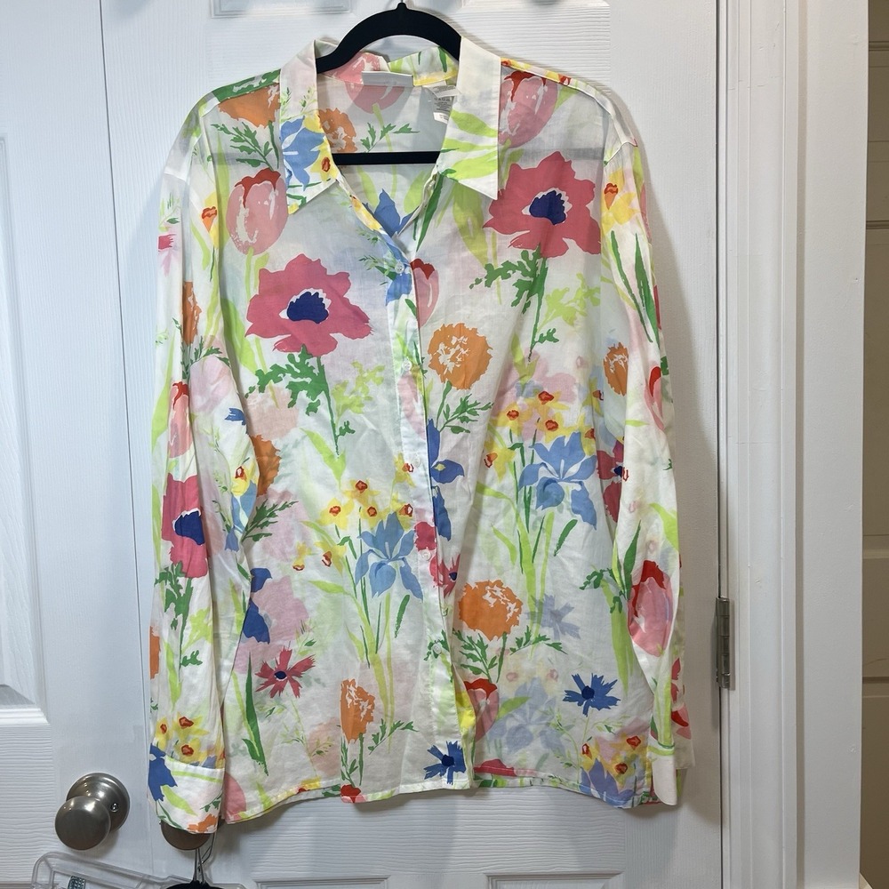 Liz Claiborne XL Woman White Colorful Floral Collared Blouse Shirt Long Sleeve